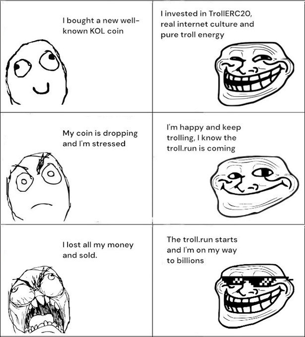 A six-panel Trollface meme comparing investing in a regular KOL coin versus TrollERC20, showing the stressed buyer losing money while the troll remains confident about an upcoming run.