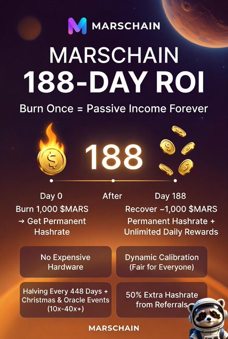 A poster advertises a cryptocurrency called Marschain with a unique feature of earning passive income, which means that investors will receive coins for every dollar they invest without having to do anything else to earn more money from their initial investment. The poster shows a gold coin worth $1, and it also mentions the impressive return of 1:1, suggesting that investors can expect to make back their investment within one day. The poster provides details about how users can access this service, including the amount of money they need to invest, what is expected in return, and how much they should be ready to lose.