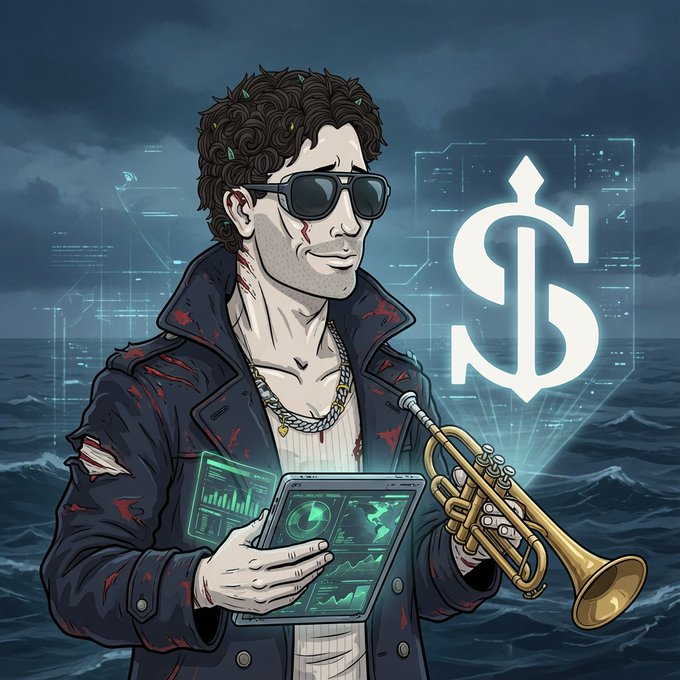 An anime-style illustration shows a dark-haired man in sunglasses and a worn jacket holding a trumpet and a tablet, with a large dollar sign floating against a stormy sea background.
