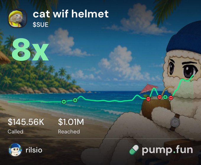 A pump.fun chart for the token "cat wif helmet ($SUE)" showing an "8X" gain, with a fluffy character relaxing on a beach.