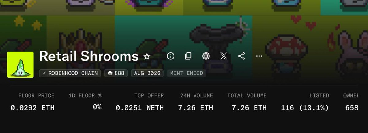 A screenshot of an NFT collection called 'Retail Shrooms' on Robinhood Chain showing a floor price of 0.0292 ETH, 24H volume of 7.26 ETH, and 658 owners.