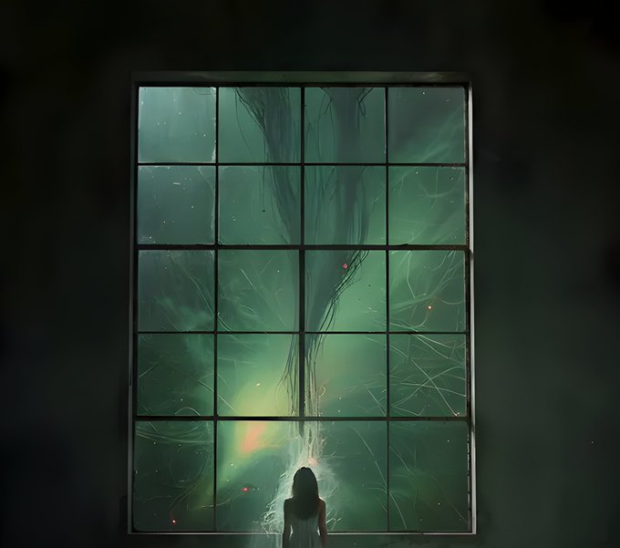 A dark, atmospheric illustration of a small silhouetted figure with glowing white hair standing before a large multi-paned window revealing a misty green landscape with hanging vines.