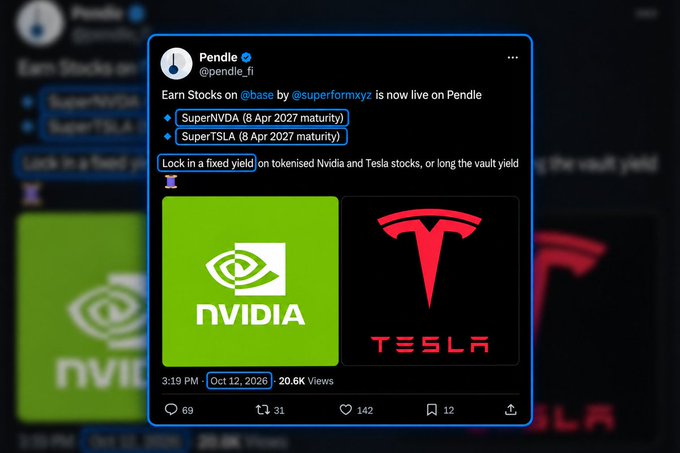 A screenshot of a tweet from Pendle (@pendle_fi) announcing that 'Earn Stocks on @base by @superformxyz' is now live on Pendle, featuring SuperNVDA and SuperTSLA tokenized stocks (Apr 2027 maturity) for Nvidia and Tesla.