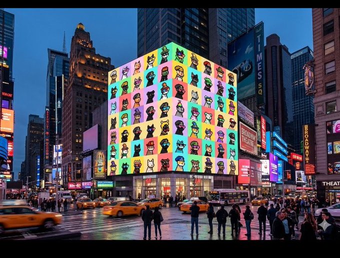 A glowing billboard in Times Square displays a colorful grid of cartoon dog avatars, likely representing "Doginal Dogs" NFTs, while the surrounding cityscape shows yellow taxis, crowds of pedestrians, and illuminated advertisements for shows like "Beautiful" at the Marquis Theatre. The vibrant display ties into the post's announcement of "GN Champs" and the one-week countdown to "DDNYC," with the dog imagery directly referencing the "Delist your Doginal Dogs" message.