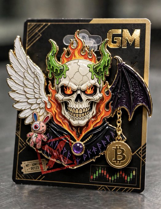A trading pin featuring a flaming skull with one white angel wing and one black bat wing, holding a voodoo doll and a Bitcoin charm, with 'GM' text and an 'ADMIT ONE 00123' ticket visible.