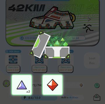 A mobile game interface shows a stylized 42KM sneaker NFT and a 3D capsule containing glowing green gems, with stats for opening energy costs.