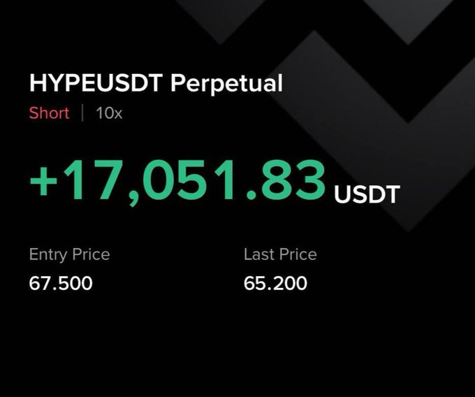 A trading app screenshot showing a HYPEUSDT Perpetual short at 10x leverage with profit of +17,051.83 USDT, entry price 67.500 and last price 65.200.
