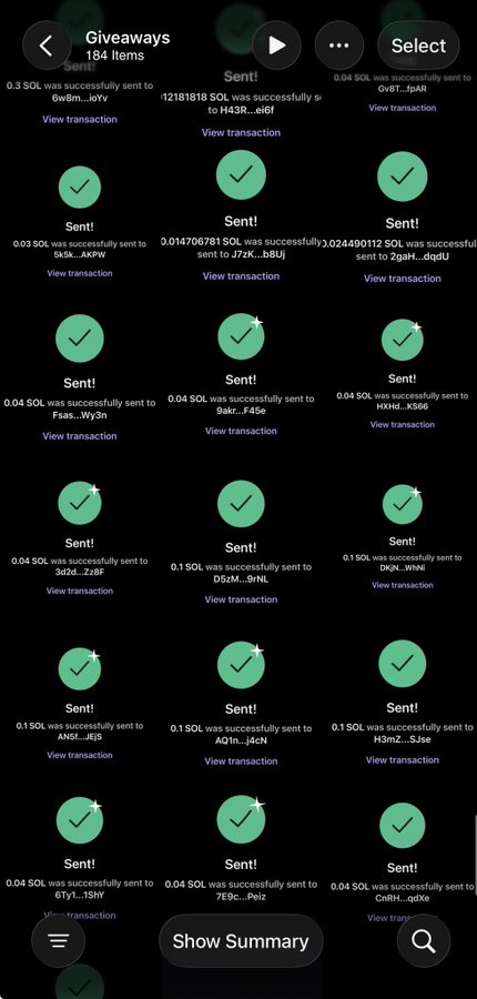 A screenshot from a cryptocurrency giveaway interface showing 184 completed giveaways, each marked with a green checkmark and "Sent!" status, with transactions ranging from 0.03 to 1 SOL sent to various wallet addresses. The image illustrates the post's promise to send SOL tokens, displaying dozens of successfully completed transfers to recipients.