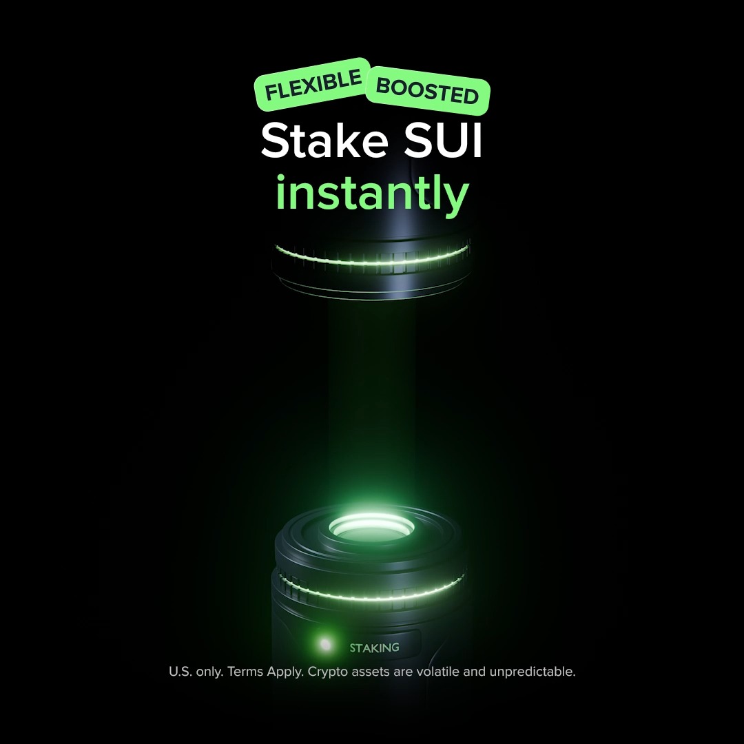 The image is a promotional graphic with a black background featuring a glowing green cylindrical device, possibly representing a device or container. At the top, two bright green tags read "FLEXIBLE" and "BOOSTED," followed by the main text "Stake SUI instantly" in bold white and green lettering. At the bottom, the words "STAKING" appear next to a green light on the device, along with a disclaimer: "U.S. only. Terms Apply. Crypto assets are volatile and unpredictable." This visually reinforces the post's message about Uphold's two staking options—Flexible and Boosted—for SUI cryptocurrency.