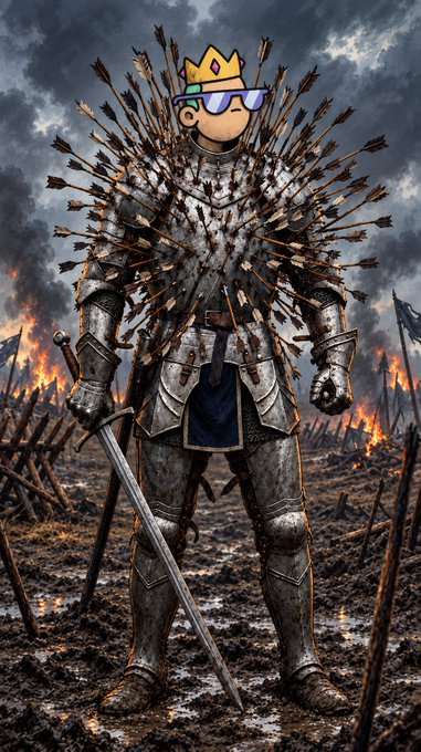 A digital artwork depicts a knight in armor pierced by numerous arrows, holding a sword, standing on a muddy battlefield with burning debris in the background; the knight's face is replaced by a cartoonish emoji wearing a crown and sunglasses.