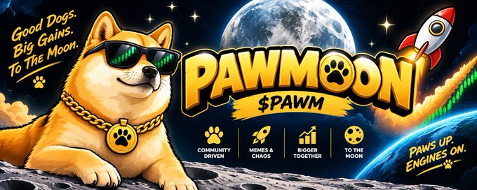 A meme coin banner for '$PAWM PAWMOON' featuring a Shiba Inu wearing sunglasses and a gold chain, with slogans like 'Good Dogs. Big Gains. To The Moon.' and 'Paws Up, Engines On.'