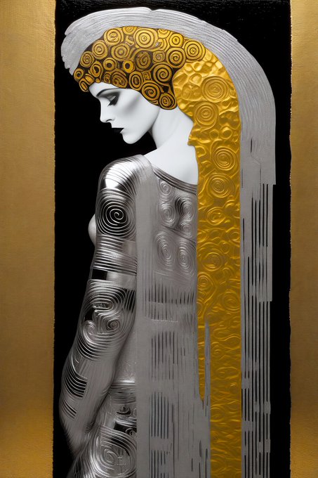 A stylized Art Nouveau-inspired portrait of a woman in profile featuring golden swirling patterns in her hair and dress against a black background with gold accents.