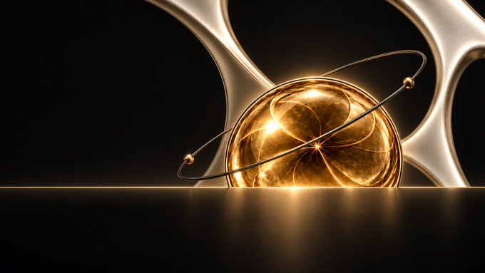 A 3D-rendered golden orb with a swirling atomic-like pattern, encircled by metallic rings with small spheres, set against a dark background with abstract silver shapes.