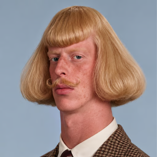 A portrait of a young man wearing a blonde bowl-cut wig with a curled mustache, dressed in a houndstooth blazer and tie against a light blue background.