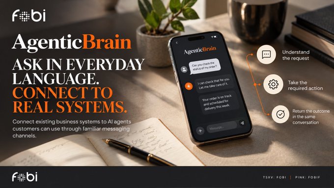 An AI product graphic reads “AgenticBrain,” “ASK IN EVERYDAY LANGUAGE. CONNECT TO REAL SYSTEMS.” and explains: “Understand the request,” “Take the required action,” and “Return the outcome in the same conversation.”
