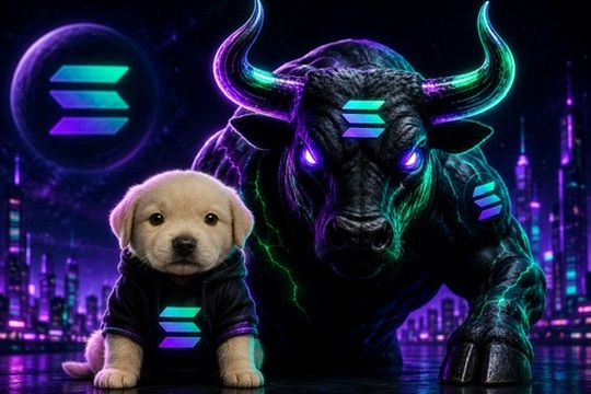 A neon cyberpunk-style digital artwork featuring a glowing bull with purple horns and a small golden puppy wearing a hoodie, both displaying the Solana (SOL) logo, set against a futuristic cityscape.