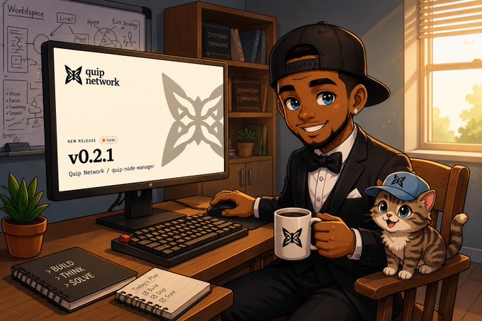 The image shows a stylish cartoon character in a tuxedo and baseball cap sitting at a desk with a cat companion, working on a computer displaying the "Quip Network" logo and a release announcement for "v0.2.1 / quip-node-manager," along with a branded mug, keyboard, and notebook. The scene visually reinforces the post's message about Quip Network democratizing access to quantum computing hardware, presenting the platform in an approachable, user-friendly way rather than an intimidating academic one.