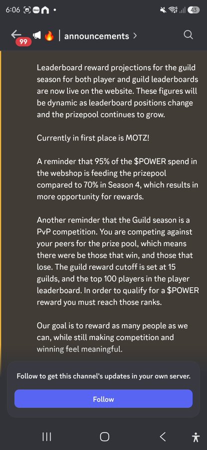 A mobile screenshot of a Discord 'announcements' channel discussing 'Leaderboard reward projections,' 'Currently in first place is MOTZ,' and details about a 'Guild season' PvP competition involving $POWER prizes, with a 'Follow' button at the bottom.