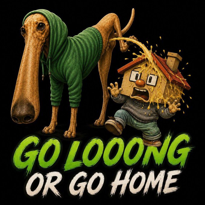 A dog wearing a green hoodie urinates on a cartoon house with a scared face, and text reads "GO LOOONG OR GO HOME". This image illustrates the accompanying post's sentiment, suggesting a bold, long