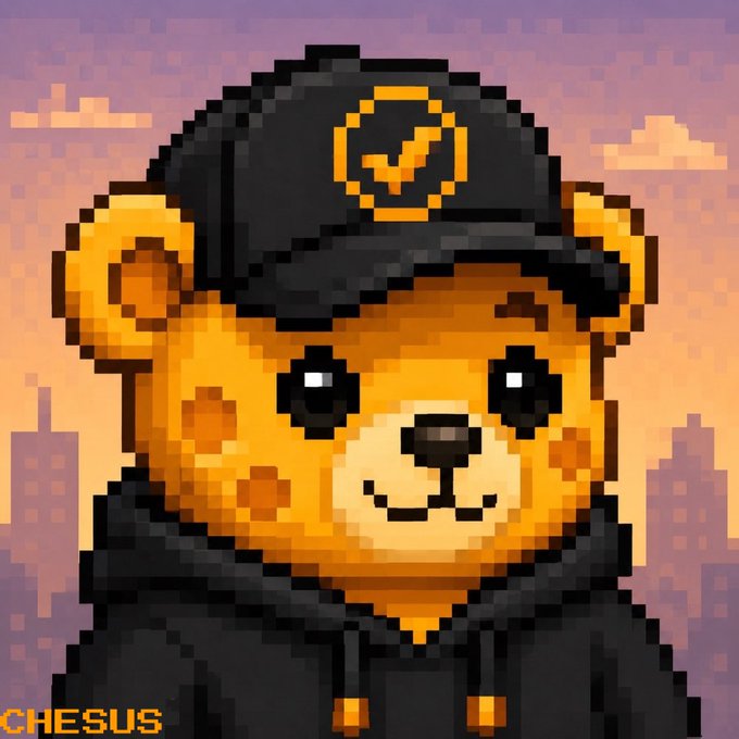 A pixel art image of an orange bear wearing a black cap with a checkmark logo and a black hoodie, with the text 'CHESUS' in the bottom left corner.