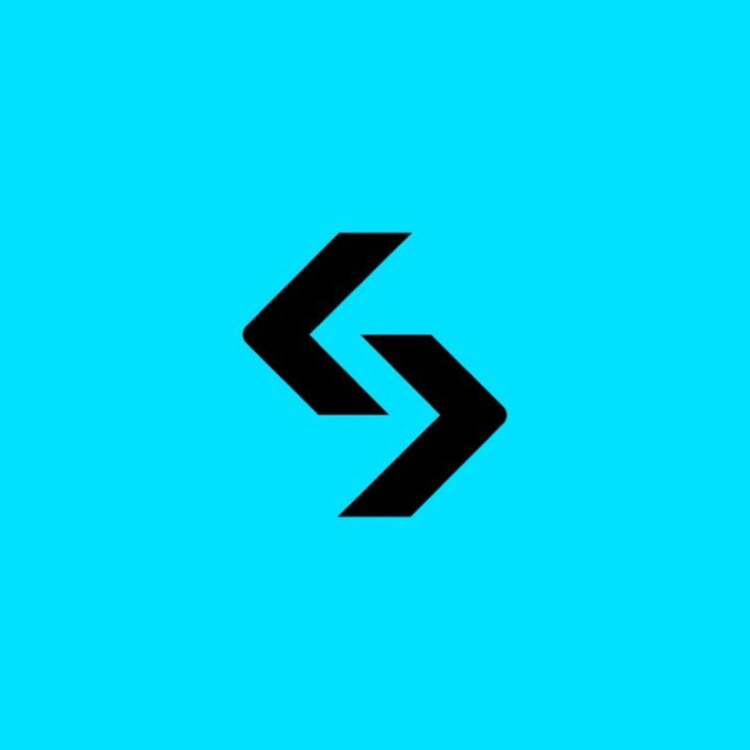 A simple logo featuring two black angular arrows pointing toward each other on a bright cyan background.