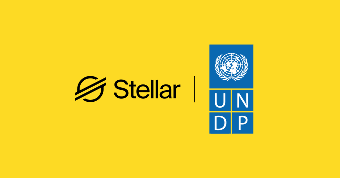 The image features a yellow background with the Stellar ($XLM) logo alongside the UNDP (United Nations Development Programme) emblem, visually representing the partnership between Stellar and UNDP in their shared mission to end poverty and reduce inequality across 170 countries and territories.