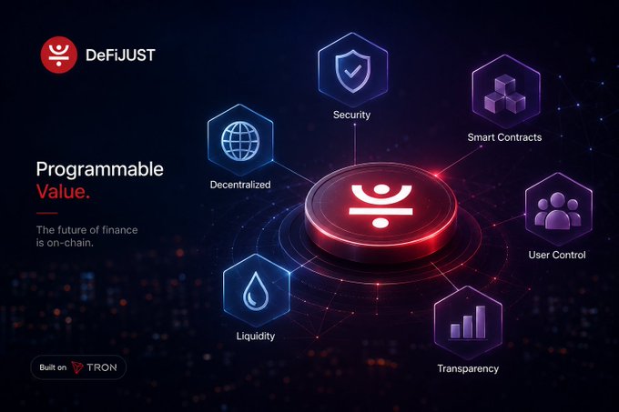 A promotional graphic for DeFiJUST, a decentralized finance platform built on TRON, featuring 'Programmable Value' as its tagline and highlighting security, smart contracts, user control, transparency, liquidity, and decentralization.