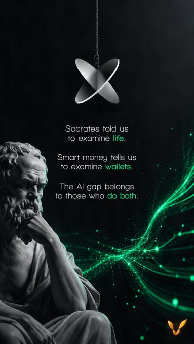 A classical statue of Socrates (like a thinking pose) sits beneath a hanging pendant light, with green digital particles flowing across the right side against a dark background.

The overlaid text reads:

- "Socrates told us to examine **life**."
- "Smart money tells us to examine **wallets**."
- "The AI gap belongs to those who **do both**."

The image visually reinforces the post's message by pairing ancient philosophical wisdom (Socrates) with modern crypto/AI imagery, illustrating the contrast between traditional reflection and the new discipline of examining one's crypto wallets using AI tools like @heyaura.