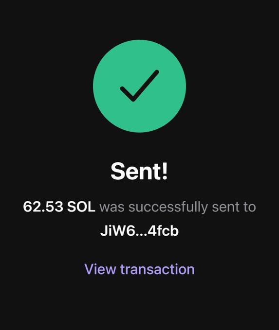 A dark confirmation screen displays a green checkmark with "Sent!" and shows that 62.53 SOL was successfully sent to the wallet address "JiW6...4fcb," with a purple "View transaction" link below. The image relates to the post as proof of an initial 62.53 SOL transfer made to support the "0 to 1000 SOL challenge," where the user claims to cover a $50 entry fee for each participant.