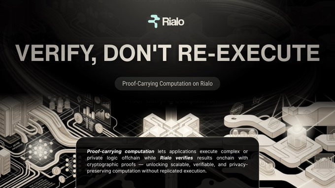 The image shows a logo for a company named Rialo. The logo is predominantly black and white with an overlay of a building or city skyline, providing a visual representation of the company's name. The background features different textures and colors that convey a sense of complexity and depth. The text on the logo reads "Verify, Don't Re-Execute", suggesting that the company focuses on verification and authenticity in its work. This message is further emphasized by the presence of an illustration of a building or cityscape above it, symbolizing the idea of verifying information and ensuring its accuracy before executing any tasks. The overall design aims to convey transparency and trustworthiness while maintaining a clean, organized aesthetic that is both visually appealing and easy to understand.