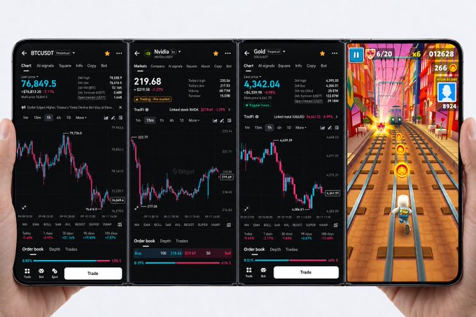 Four iPhones are held side-by-side, displaying the Bitget trading app with live charts for BTCUSDT ($76,849.5), Nvidia ($219.68), and Gold ($4,342.04), alongside a mobile game running Subway Surfers—visually reinforcing the post's joke that traders juggling crypto, stocks, forex, and gaming need more screens than an iPhone Duo or Quad can provide.