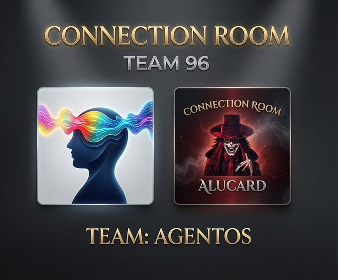 The image displays a "Connection Room Team 96" graphic with two featured icons—one showing a silhouette with colorful wave patterns, and the other depicting a vampire-like character labeled "ALUCARD"—with the text "TEAM: AGENTOS" displayed at the bottom.

This visual serves as a branded announcement graphic for Connection Room Team 96 by AgentOS, a Solana-based crypto project focused on AI-driven agent operations, complementing the post's introduction of AgentOS as an AI operating system for the Agent Economy.