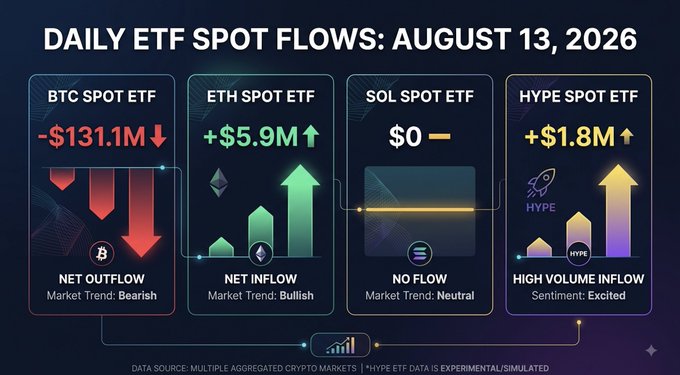 The image is a dark-themed infographic titled "DAILY ETF SPOT FLOWS: AUGUST 13, 2026," displaying cash flow data for four crypto spot ETFs in separate panels: BTC Spot ETF showing a net outflow of -$131.1M (Bearish), ETH Spot ETF showing a net inflow of +$5.9M (Bullish), SOL Spot ETF with no flow at $0 (Neutral), and HYPE Spot ETF with a high volume inflow of +$1.8M (Excited sentiment). The graphic visually complements the post by illustrating each ticker and its corresponding daily cash movement, with a note that HYPE ETF data is experimental/simulated.