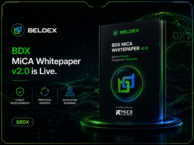 Promotional graphic for Beldex announcing 'BDX MiCA Whitepaper v2.0 is Live' with a 3D book rendering labeled 'BDX MiCA WHITEPAPER v2.0' built in collaboration with MiCA Crypto Alliance.