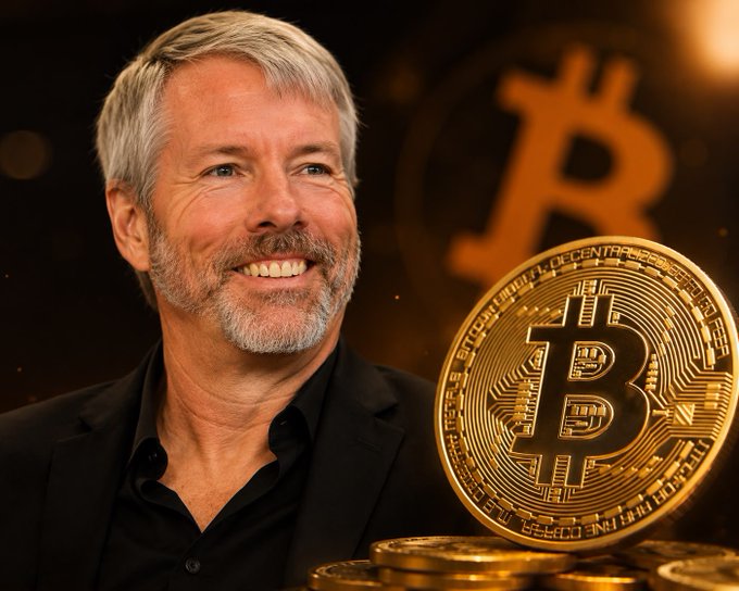 A smiling older man with gray hair and beard beside a large gold Bitcoin coin, with the Bitcoin '₿' symbol visible in the background, suggesting a cryptocurrency context.