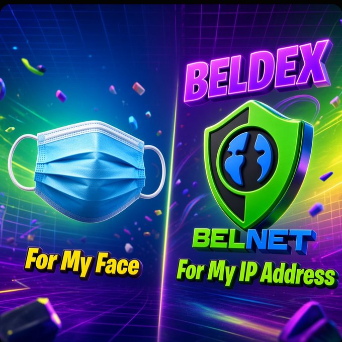 A vibrant split-screen promotional graphic for BELDEX and BELNET, featuring a face mask on the left with the text 'For My Face' and a green shield logo on the right with 'For My IP Address.'