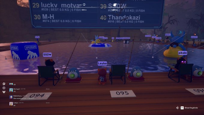 Screenshot from a virtual fishing game showing cartoon avatars sitting on a wooden dock fishing in water, with a leaderboard displaying players like 'luckyv motov', 'M-H', 'SSDW', and 'pikalo' with their best catches, sponsored by ApeCoin.