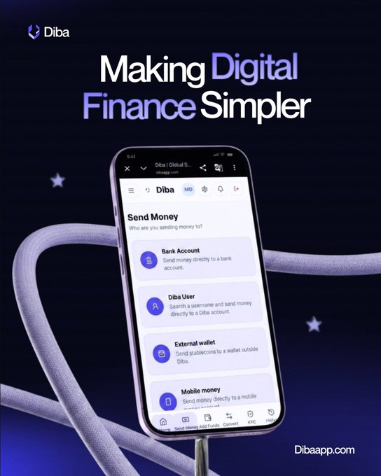 A mobile app advertisement for 'Diba' featuring the tagline 'Making Digital Finance Simpler' and showing a smartphone screen with options like 'Send Money', 'Bank Account', 'Diba User', 'External wallet', and 'Mobile money' against a dark blue background with a winding cable.