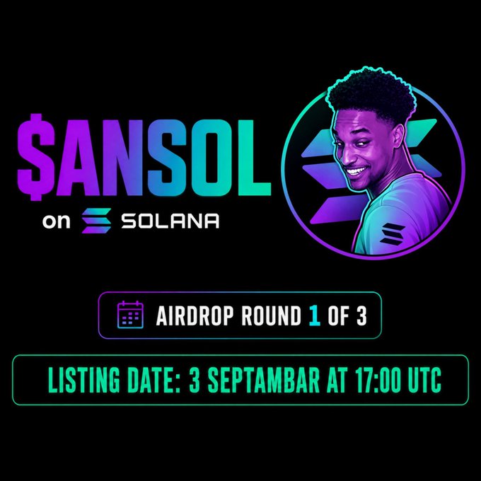The image is a promotional graphic for the $ANSOL token on Solana, featuring a stylized portrait of a smiling person beside the Solana logo, with announcements that this is "AIRDROP ROUND 1 OF 3" and a listing date of "3 SEPTAMBAR AT 17:00 UTC" (September 3rd at 17:00 UTC). It complements the accompanying post by teasing an upcoming airdrop event targeting the first 333 $SOL wallets, signaling the start of a multi-round distribution campaign tied to the token's launch.