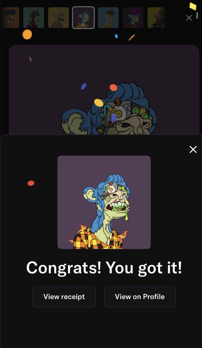 A screenshot shows a "Congrats! You got it!" digital collectible acquisition screen for a Mutant Ape (BAYC) NFT, featuring a green mutant ape with blue hair surrounded by golden chains against a purple background, with options to "View receipt" or "View on Profile." This celebrates a "Mutant Monday" acquisition, referencing the popular tradition of Bored Ape Yacht Club members showcasing their Mutant Ape NFT purchases on Mondays.