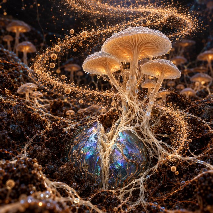 A fantasy-style digital artwork featuring glowing mushrooms with detailed gills growing from a textured brown surface, with sparkling golden particles swirling around them and a glowing blue crystal at the base.