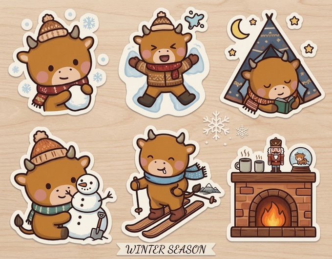 A set of six kawaii-style stickers featuring a brown bull character enjoying winter activities—including playing in the snow, making a snow angel, reading in a teepee under a starry sky, building a snowman, skiing, and relaxing by a cozy fireplace with hot drinks—labeled "WINTER SEASON" at the bottom, promoting the "niu lai through the seasons" sticker collection and a sticker creators event offering $MINI airdrops, LINE FRIENDS coupons, and custom Discord roles.