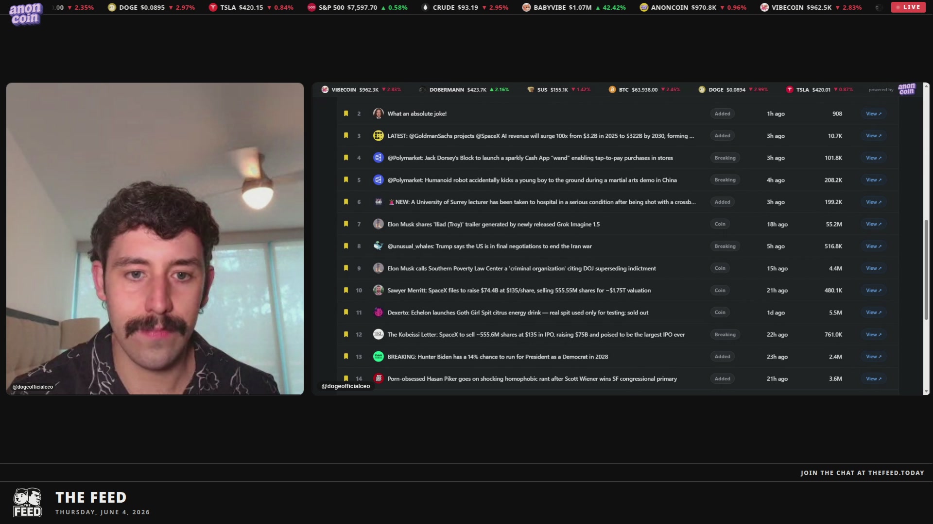 The image shows a computer screen with a man's face displayed, likely from a webcam or video feed. The background of the image appears to be black, but there are some colors present that could indicate lighting conditions. The caption "WATCH THE FEED" is written in white text at the bottom right corner of the image. This suggests that someone might have posted something interesting or noteworthy on social media, and viewers should pay attention to the feed for updates.