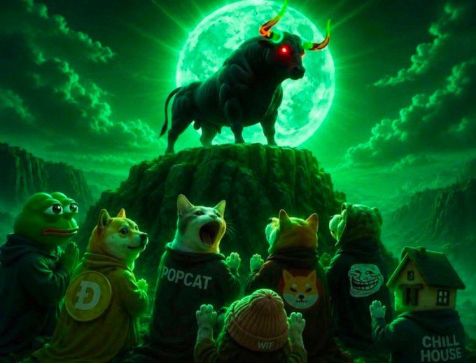 A dark, demonic bull with glowing red eyes and green horns stands atop a cliff beneath a large green moon, while a group of dog and cat figures wearing hoodies bearing crypto meme names ("POPCAT," "WIF," "CHILL HOUSE," and a "D" coin logo) kneel in worship below. The apocalyptic scene ties into the post's reference to a $ansem airdrop, using the cult-like imagery to evoke hype and urgency for community members to drop their wallet addresses.
