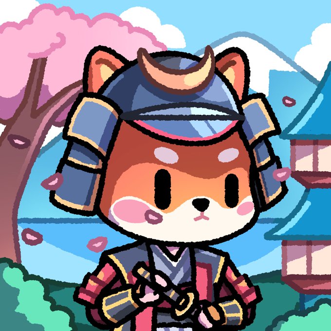 A cute cartoon dog samurai character dressed in traditional armor with a helmet featuring a crescent moon ornament, set against a backdrop of cherry blossom trees, mountains, and a Japanese-style building. The image illustrates the "Bonk Ronin," one of 10 heroes from the "SFS: The Heroes" collection dropping Friday at 11 AM EDT on Mallow.