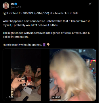 A social media post by @wrs529 claims to have been robbed of 189 SOL ($14,000) at a Bali beach club, with the caption suggesting "scammer be scammed" - implying the user turned the tables on their would-be thief. The accompanying images show a blonde woman at what appears to be a beach club setting, with a video clip timestamped at 0:30.