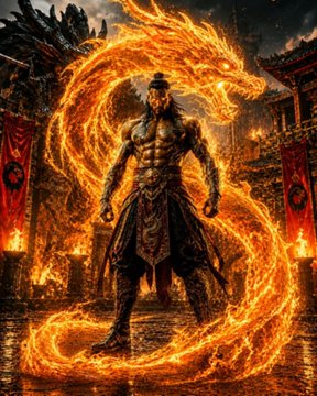 The image features a muscular man with a dragon-like creature on his back, standing in front of a building. The man appears to be a warrior or knight, possibly from a fantasy world like Nighthawk. The dragon-like creature is depicted as having flames coming out of its mouth and tail, adding an element of fire and danger to the scene. The background includes buildings with red banners, which could represent a castle or a fortress in this context.