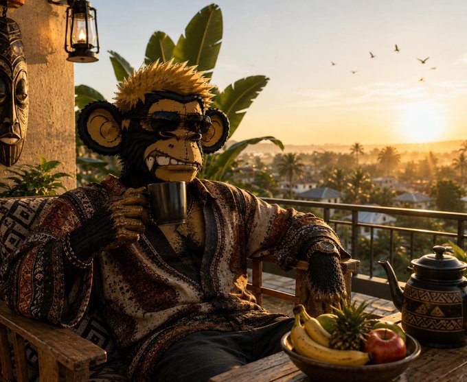 A digital artwork depicting an anthropomorphic monkey with blonde hair wearing sunglasses and a patterned poncho, sitting on a balcony at sunset holding a mug, with a teapot and fruit bowl on the table.