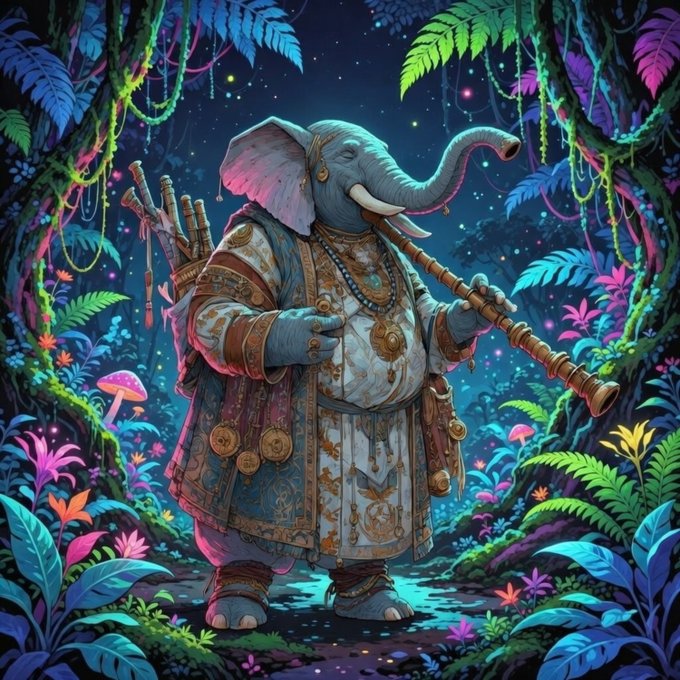 A colorful digital illustration depicts an ornate elephant adorned in elaborate robes and jewelry, playing a long flute in a vibrant, magical jungle setting with glowing plants and a starry night sky.