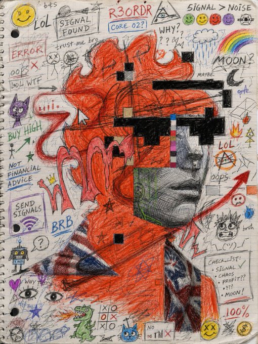 The image features a sketch of a person's face, drawn with colored pencils or markers. The drawing includes various symbols and text that are not legible due to their color. The background of the image appears to be a notebook page filled with doodles and drawings. In the corner of the image, there is a post that says "Strong signal R3333". This suggests that the artist might have been using the notebook as a canvas for their artwork or was inspired by a particular concept or idea related to the post's message.